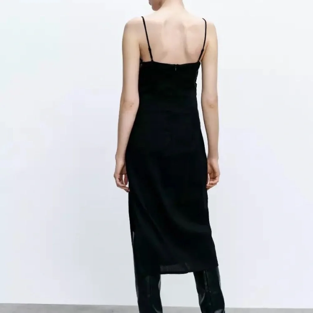 Black Midi Slip Dress with Side Lace-Up Detail - Picture 3 of 7